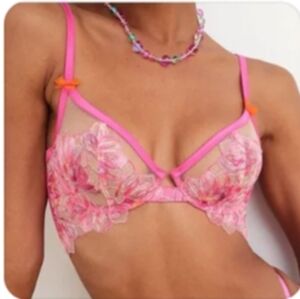For Love & Lemons Hibiscus 🌺 Pink Embroidered Floral Lace Sheer Bra Underwire